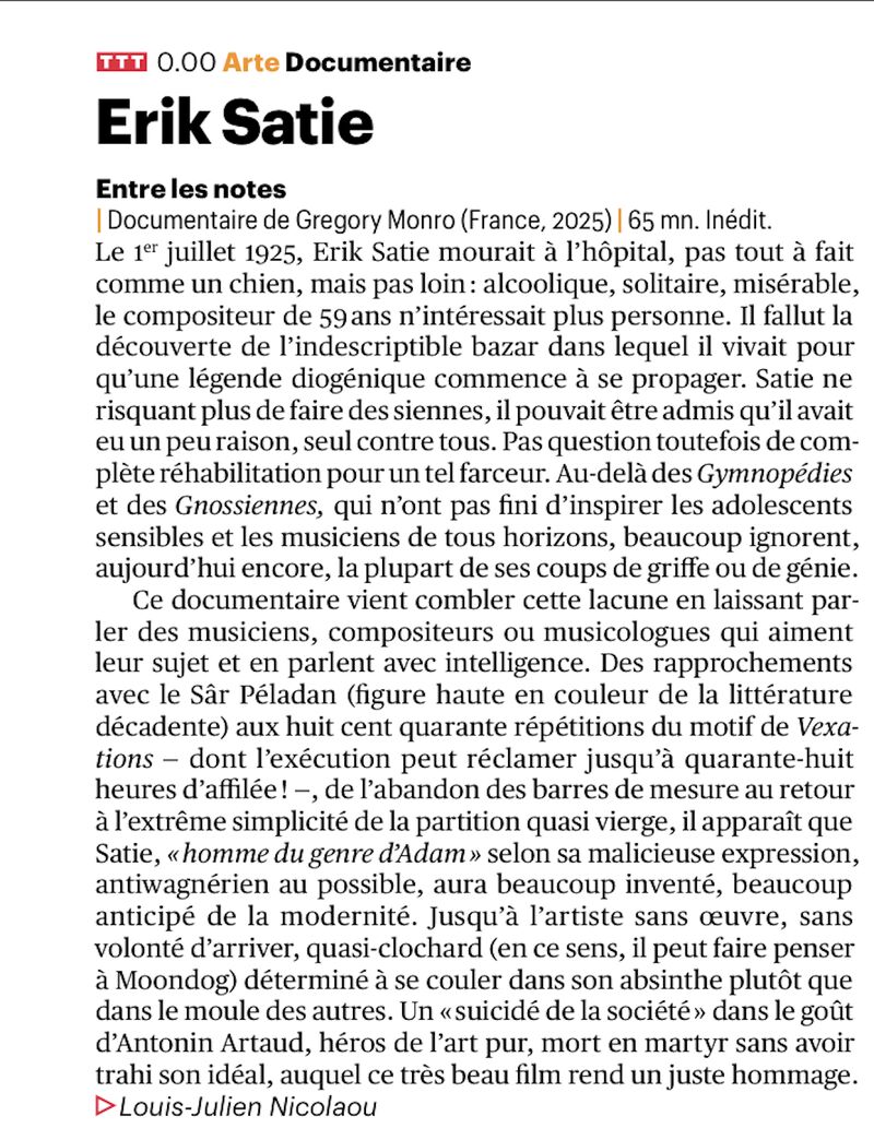 Erik Satie dans Télérama